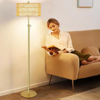 Gold Floor Lamps for Living Room Rattan Boho Floor Lamp with Remote Control,Dimmable Wicker Floor Lamps with 3 Color Temperature Modern Standing Lamp Brass Tall Floor Lamp for Bedroom Corner
