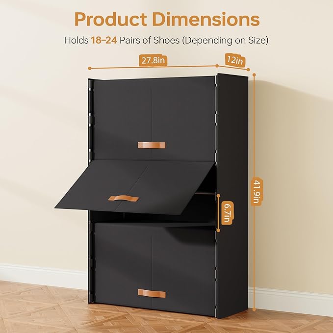 6-Tier Shoe Storage Cabinet with Hard Flip Doors, Holds 18–24 Pairs, Enclosed Dustproof Shoe Rack Organizer for Entryway, Closet & Bedroom, Space-Saving Shoe Shelf, Black, 27.8" x 12.0" x 41.9"
