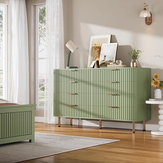 GarveeHome 8 Drawer Dresser for Bedroom, Fluted 55 in Wide Modern Chest of Drawers with Deep Drawers, Wooden Dresser Organizer for Living Room, Hallway, Kids Room, Green