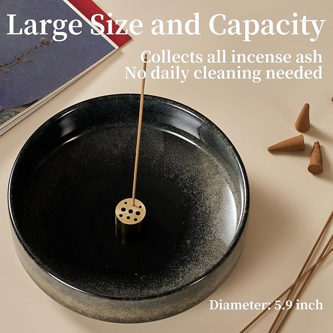 5.9" Ceramic Incense Holder with 10 Holes,5in1 Incense Tray for Sticks,Coil,Cone,Sage,Palo Santo,Handcrafted Burner Ash Catcher Smudge Bowl for Yoga Meditation Energy Cleansing Room Décor,Black