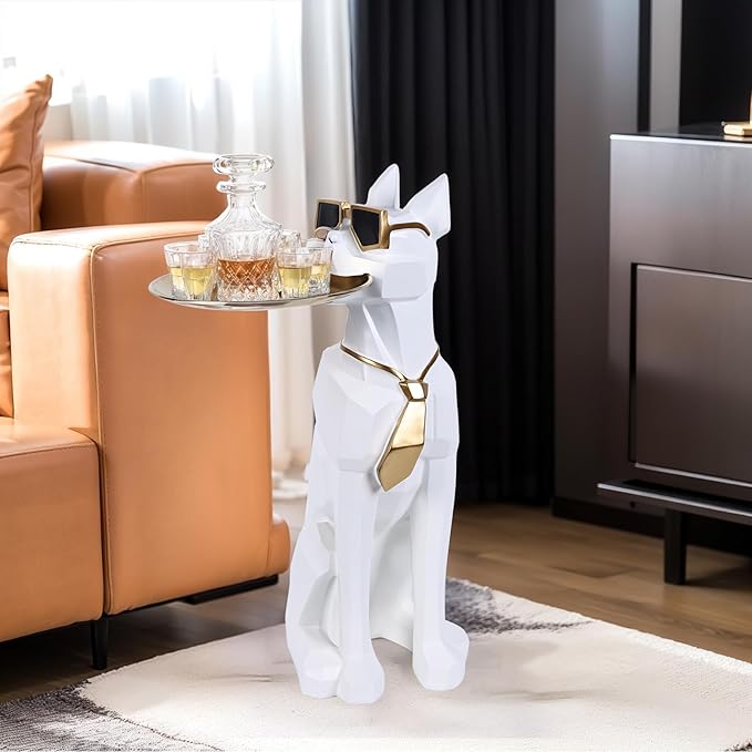 Resin Dog Side Table With Tray, Butler Statue Tissue Box, Accent End Table, Unique Sculpture, Geometric Statue, Funky Furniture for Home Decor Modern (White)