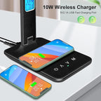 Desk Light with Wireless Charger, USB Charging Port, Dimmable Office Desk Lamp with Clock, Alarm, Date, Temperature, Foldable Lamp for Table Bedroom Bedside Office