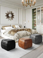 Genuine Leather Square Pouf Ottoman Footstool for Living Room, Bedroom, Indoor (Brown)