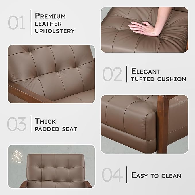 Lexicon Modern Accent Chair, Luxury Genuine Leather Match Living Room Chair with Tufted Cushions, Solid Wood Frame and Arm Rest, Comfy Upholstered Single Seat for Bedroom/Reading/Office, Brown