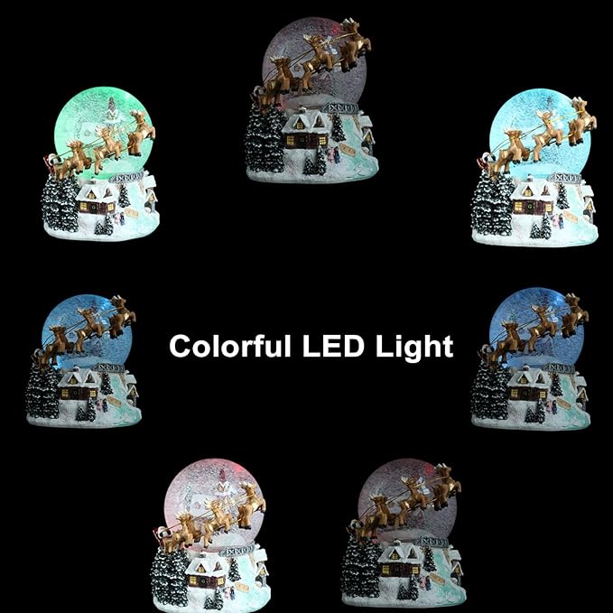 7'' H Christmas Snow Globe with Light up and Musical Valentine's Day Decoration Gift, Snowflakes Water Globe, Santa Sleigh Reindeer Resin Snow Globe, Christmas Holiday Indoor Decor.