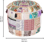 Aakriti Gallery Indian Pouf Footstool Ethnic Embroidered Pouf Cover, Indian Cotton Round Pouffe Ottoman Pouf Cover Pillow Ethnic Decor Art - Cover Only (White, 22x14)