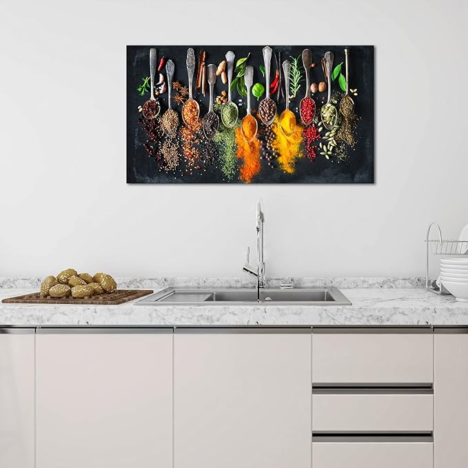 OuElegent Kitchen Canvas Wall Art Colorful Spices Herbs Seasoning Spoon Canvas Painting Colourful Artwork for Home Farmhouse Restaurant Wall Decoration Framed Ready to Hang 20"x36"