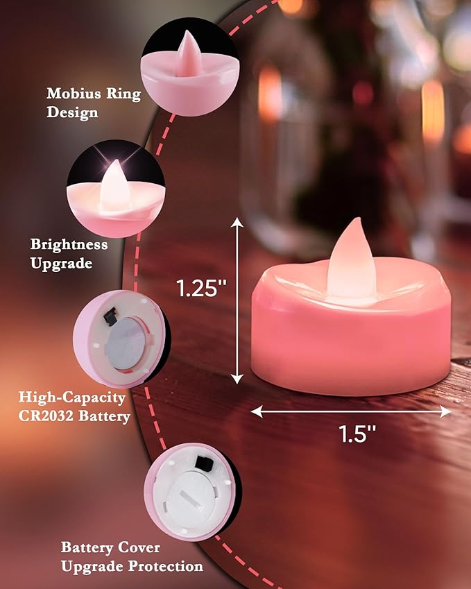Flameless Candles, 12 Pack Tea Lights Candle Battery Operated, LED Tealight Votives, Realistic Tea Lights for Wedding Christmas Party Home Decor -D 1.5” x H 1.25” -Pink Light