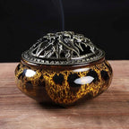 Incense Burner with Calabash Incense Stick Holder - Porcelain Charcoal Censer for Use with Resin Granular Powder Cone or Coil Incense (Fambe Yellow)
