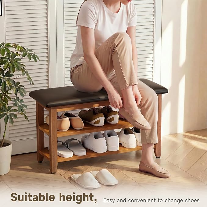 Shoe Bench with Leather Cushion,Wood Bench with Shoe Rack,2-Tier Shoe Storage Organizer for Entryway,Hallway,Living Room (Brown, 2-Tier-31.5")
