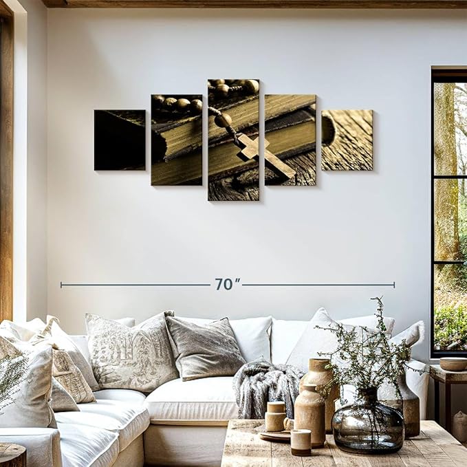 Elephant Stock Bible And Cross Wall Art Multi Piece Canvas - 5 Panel Christian Pictures Decor - Digital Design Canvas Print - Christian Wall Decor - 55" X 24"