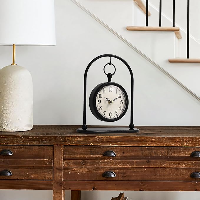 Vintage Metal Table Clock, Farmhouse Table Clock, Small Black Silent Non-Ticking Battery Operated Desk and Shelf Clocks for Home Kitchen Living Room Bedroom Decor
