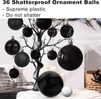 Black Christmas Ornaments - Christmas Tree Decorations Shatterproof Hanging Balls for Birthday Wedding Holiday Decor Set of 36pcs, Multi-Sizes(1.6",2.5",3.2")