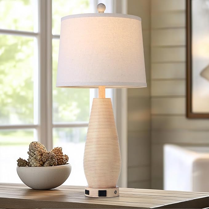 Farmhouse Table Lamps Set of 2 with USB C+A Ports and AC Outlet, 26.5" Cream Vintage Lamps for Bedroom Nightstand