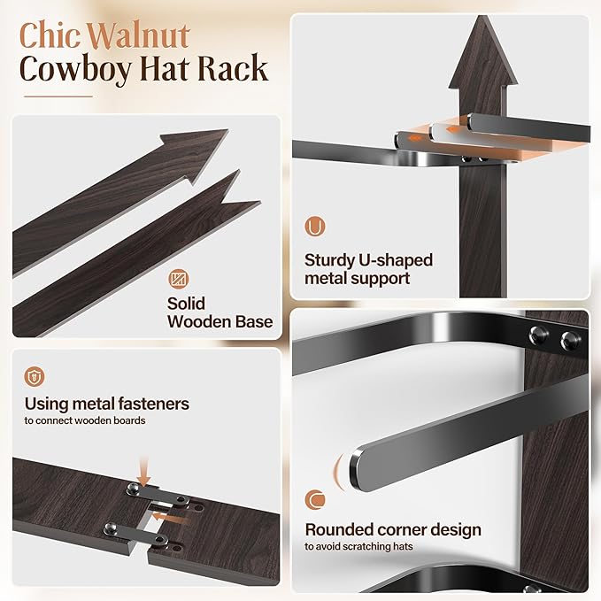 Cowboy Hat Rack for Wall, Cowboy Hat Holder Wall Mount Holds up to 4 Hats, Wooden Western Rustic Metal Hat Hanger with Arrow Sign Board, Hat Organizer for Cowboyhat, Fedora,Sun Hats (Black)