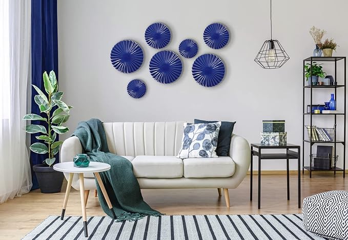 ITrixgan 7 Pieces Deep Blue Wall Art Round Metal Modern Accent Large Sunburst Hanging Decorations Above Bed TV for Home Office Bedroom Living Room