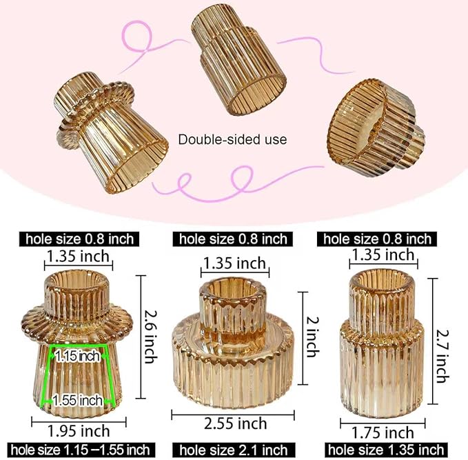 Double Sided Vintage Ribbed Taper Glass Candle Holders,Tea Candle Holder for Table Centerpieces, Wedding Decorations and Dinner Parties (Gold, 6PCS)