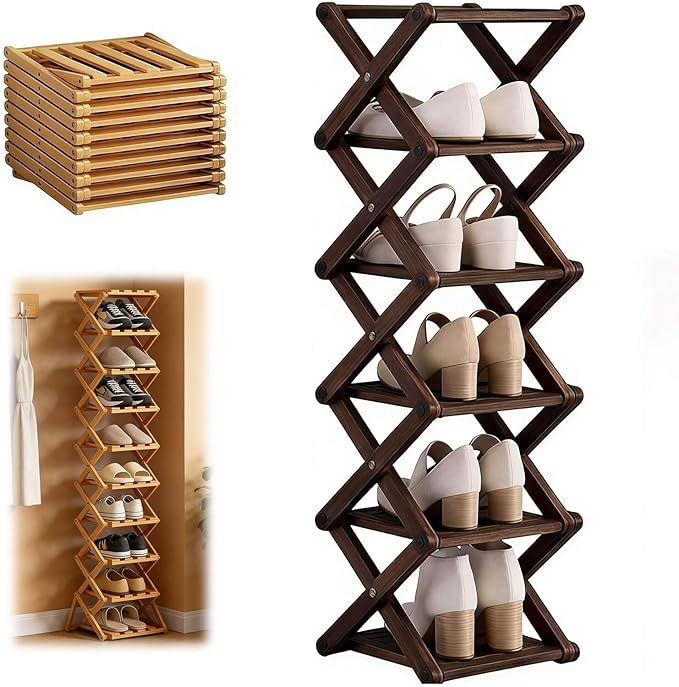 9 Tier Bamboo Shoe Rack, Heavy Duty Foldable Shelf Needing No Setup | Versatile Space-Saving & Sturdy Collapsible Bamboo Shoe Rack Organizer for Closet, Entryway, Over-Door, Dorm or Bedroom Use