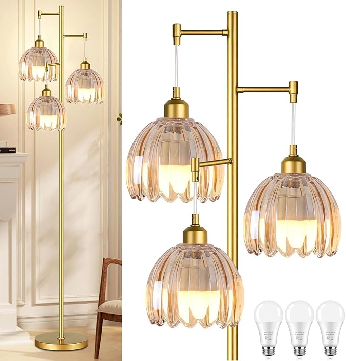Gold Floor Lamps for Living Room Bedroom-3 Light Glass Floor Lamp with Three Led Bulb, Rustic Tall Floor Lamp Gold Standing Lamp Tree Floor Lamps for Living Room Bedroom,Office,Corner