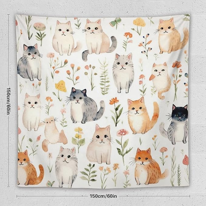 VUMIVI Cute Cat Tapestry Cartoon Pets Flowers Mushrooms Butterflies Watercolor Illustrations Tapestry Wall Hanging for Living Room Bedroom Dorm Classroom Aesthetic Decor W60xL60in