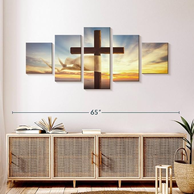 Elephant Stock Holy Cross Wall Art Multi Piece Canvas - 5 Panel Christian Pictures Decor - Digital Design Canvas Print - Christian Wall Decor - 55" X 24"