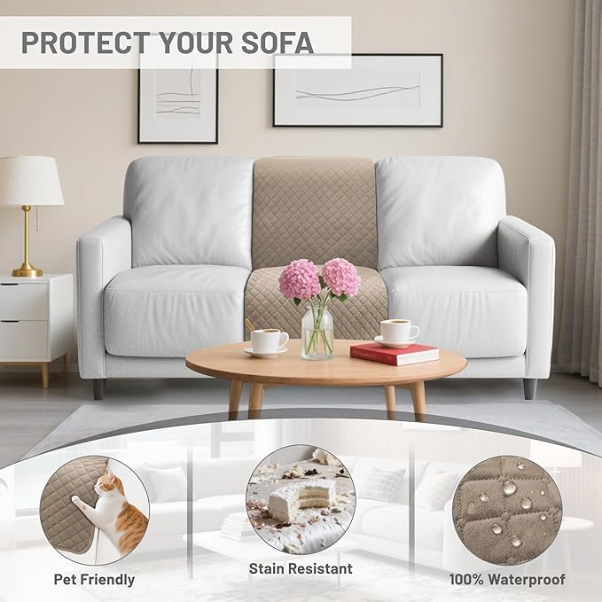 Recliner Sofa Covers 100% Waterproof Velvet L Shape Recliner Couch Covers for Dogs Pets Washable Anti Slip 1 Additional Couch Cover for Reclining Couch (Additional Seat, Khaki)