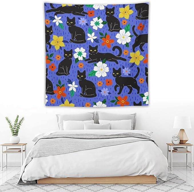 VUMIVI Black Cat Floral Tapestry Red White Hand-Painted Flowers Cute Animals Kids' Doodles Tapestry Wall Hanging for Living Room Bedroom Dorm Classroom Aesthetic Decor W60xL60in