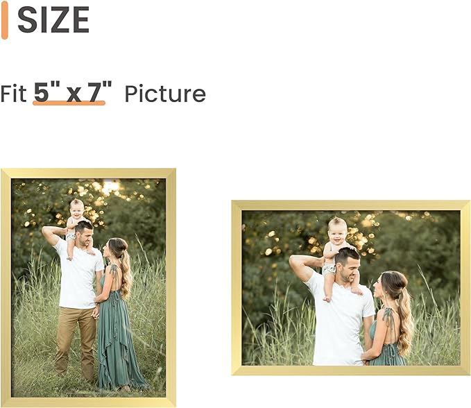 upsimples 5x7 Picture Frame Set of 3, Made of High Definition Glass for 5 x 7 Gold Frames, Wall and Tabletop Display Thin Border Photo Frame for Home Décor