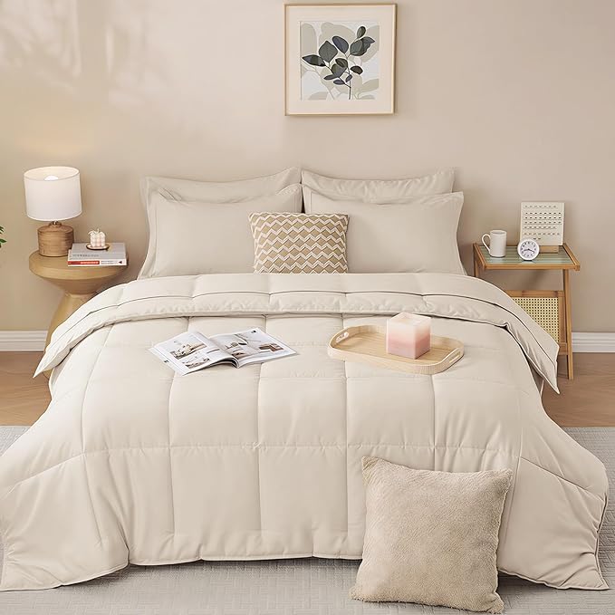 JOLLYVOGUE Queen Comforter Set, Ultra-Soft Bed in a Bag Queen Size 7 Pieces, Oeko-TEX Certified Bedding Set with Down Alternative Comforter, Sheets, Pillowcases & Shams, Beige