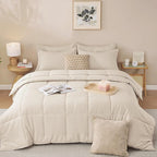 JOLLYVOGUE Queen Comforter Set, Ultra-Soft Bed in a Bag Queen Size 7 Pieces, Oeko-TEX Certified Bedding Set with Down Alternative Comforter, Sheets, Pillowcases & Shams, Beige