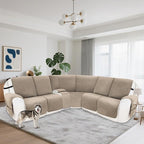 Recliner Sofa Covers 100% Waterproof Velvet L Shape Recliner Couch Covers for Dogs Pets Washable Anti Slip Recliner Slipcovers with Pockets (5 Seat Sofa with 1 Console, Khaki)