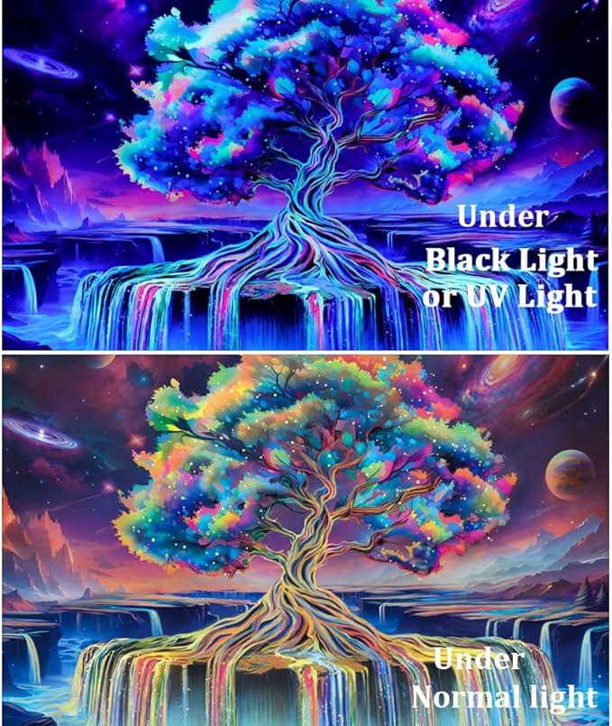 Obsecolors Blacklight Tree of Life Tapestry UV Reactive Waterfall Tapestry Galaxy Space Tapestries Aesthetic Tree Wall Art Colorful Starry Sky Tapestries Wall Hanging for Bedroom