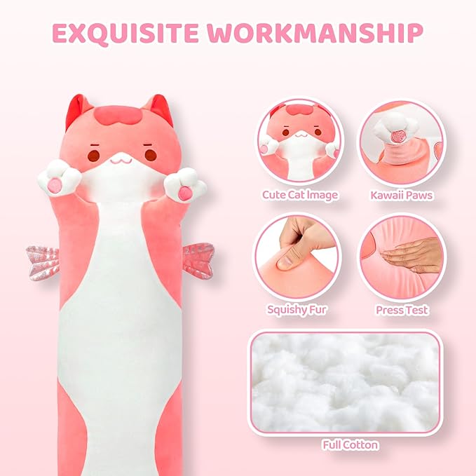 Mewaii Long Cat Plush 5 Sizes, 120% Extra Filling Giant Plushness Kids Body Pillow, Kawaii Cute Pink Cat Stuffed Animals Plushies, Big Long Body Pillow Cat Plush Gift for Girls 44”