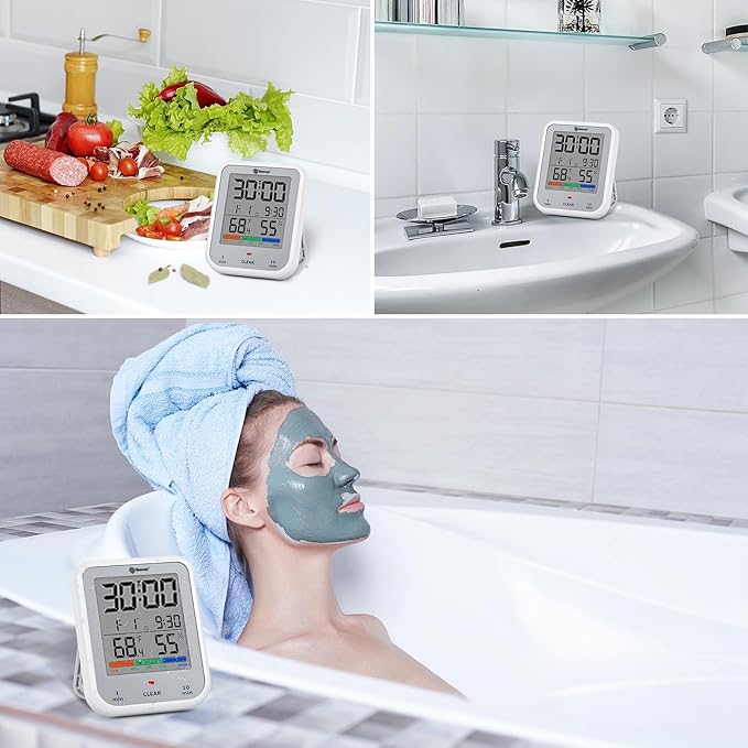 Geevon Digital Bathroom Clock, Waterproof Shower Timer with Large Touch Screen, Battery Operated Bathroom Wall Clock with Temperature & Humidity Display - Suction Cup/Hanging Hole/Stand (Silver)