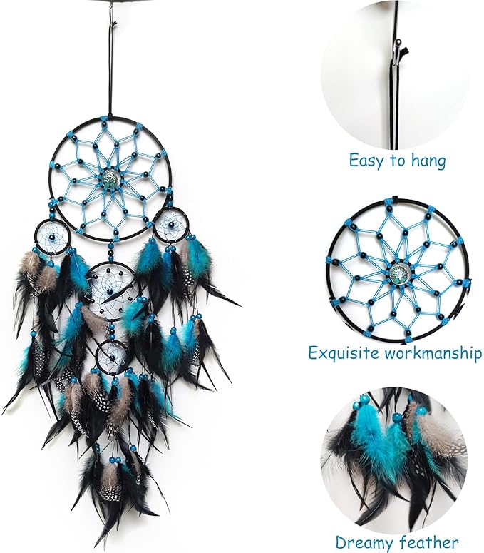 Large Dream Catcher Wall Decor Blue and Black Dream Catchers with Tree of Life Pendant Bead Handmade Feather Dreamcatcher Wall Hanging Ornament for Bedroom Living Room Home Decor