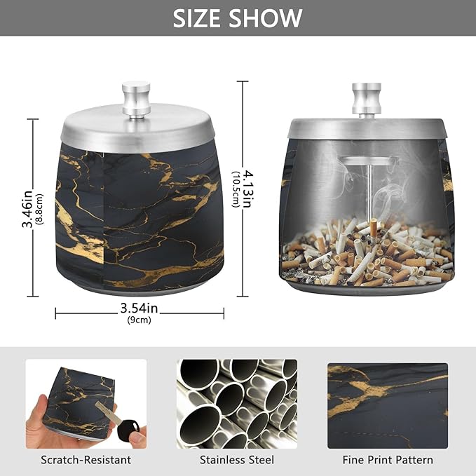 Cool Black Gold Marble Textures Ashtray with Lid, Outdoor Ashtrays for Patio, Stainless Steel Ashtray Odorless Smokeless for Home Office Balcony