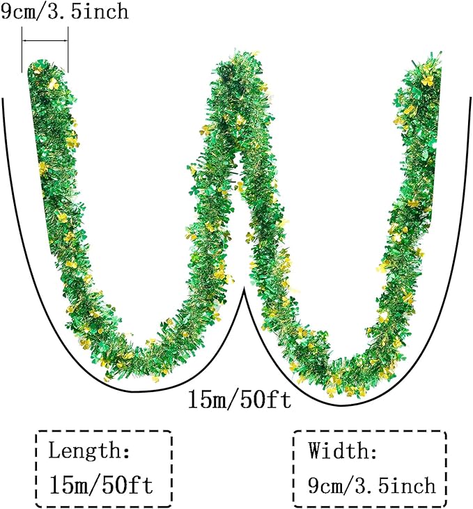 St Patricks Day Garland Decor,50Ft Glitter Tinsel Irish Shamrock Garland Decorations for Tree Mantle Bedroom Office Classroom Party Indoor Outdoor Holiday Home Green Gold