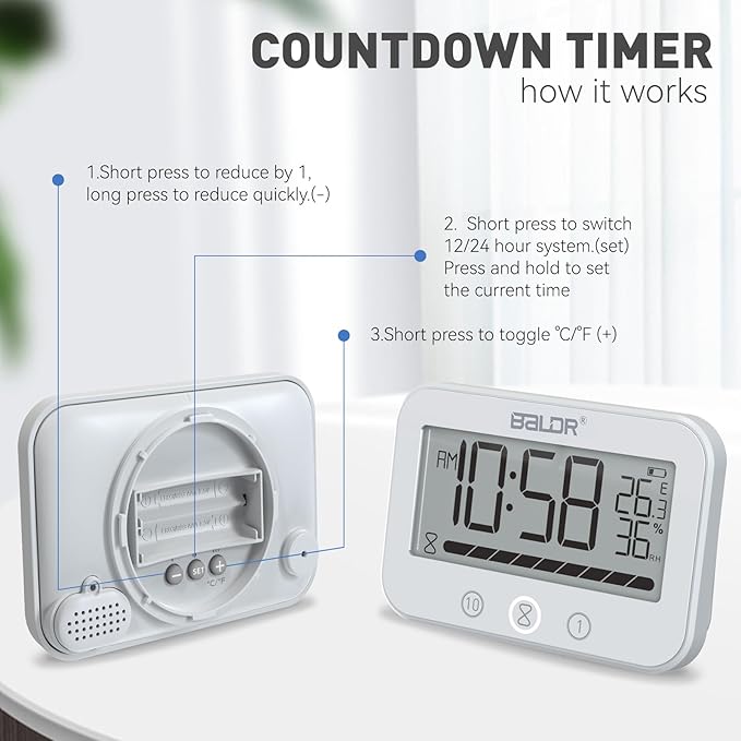 Digital LCD Waterproof Timer Shower Clock, Waterproof for Water Spray, Bathroom Clock Wall Mount, Two Suction Cup, Displays Time, Temperature, and Indoor Relative Humidity (1, White)
