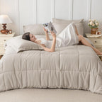 JOLLYVOGUE Twin XL Comforter Set, Ultra-Soft Bed in a Bag Twin XL Size 5 Pieces, Oeko-TEX Certified Bedding Set with Down Alternative Comforter, Sheets, Pillowcases & Shams, Oatmeal