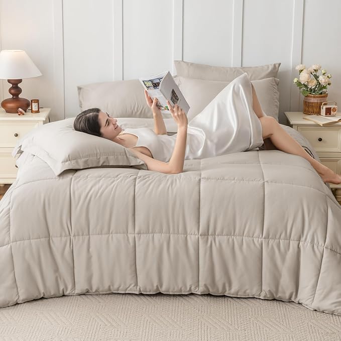JOLLYVOGUE Twin XL Comforter Set, Ultra-Soft Bed in a Bag Twin XL Size 5 Pieces, Oeko-TEX Certified Bedding Set with Down Alternative Comforter, Sheets, Pillowcases & Shams, Oatmeal