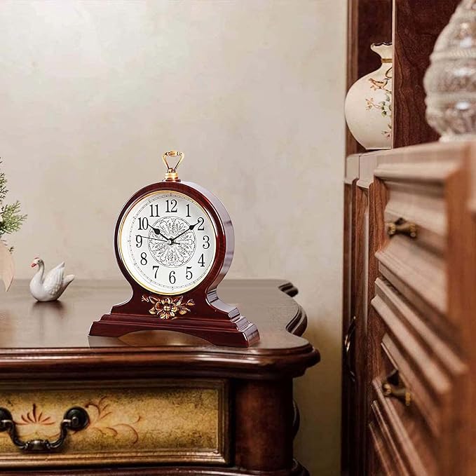 rnuie Desk Clock for Table Decor, Retro Mantel Clock Battery Operated for Fireplace Mantel, Living Room, Bedroom, Office, Desktop Decoration(Second Brown)