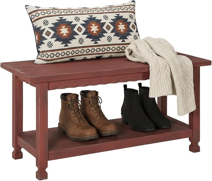 Country Cottage Rustic Farmhouse Bench – 36” Solid Wood Entryway Seat with Storage Shelf for Hallway, Mudroom, or Living Room Accent by Alaterre Furniture (Distressed Antique Red Finish)