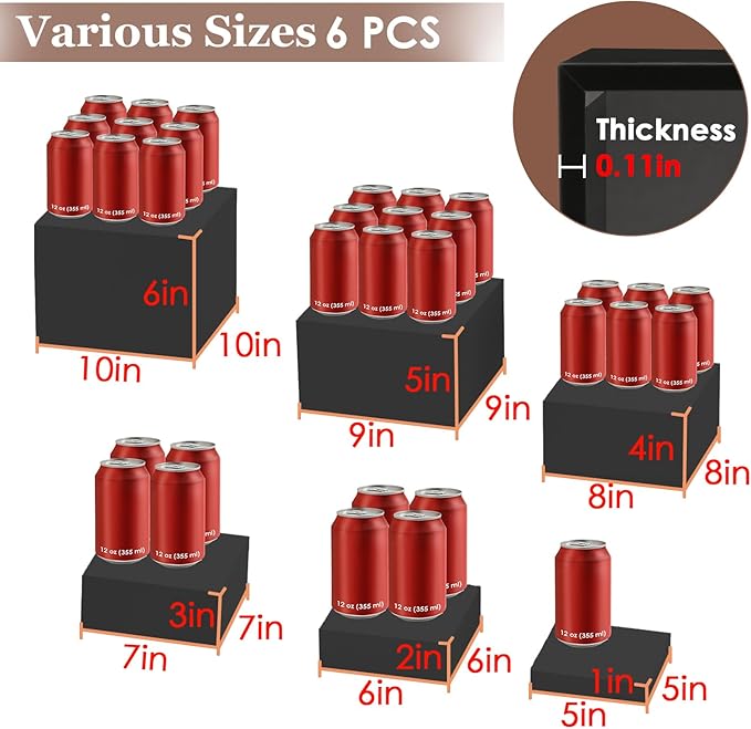 6Pcs Black Buffet Risers Set (Size 5",6",7",8",9",10"),Food Risers for Buffet Table Display Stand Shelf for Party Catering Dessert Collectibles Acrylic Cube Boxes Display with Hollow Bottoms