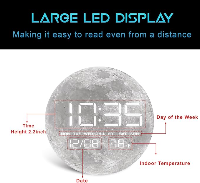 Digital Wall Clock, LED Moon/Earth Design, Temperature Display, 7.87 x 7.87 inches (Moon, 7.87 INCH)
