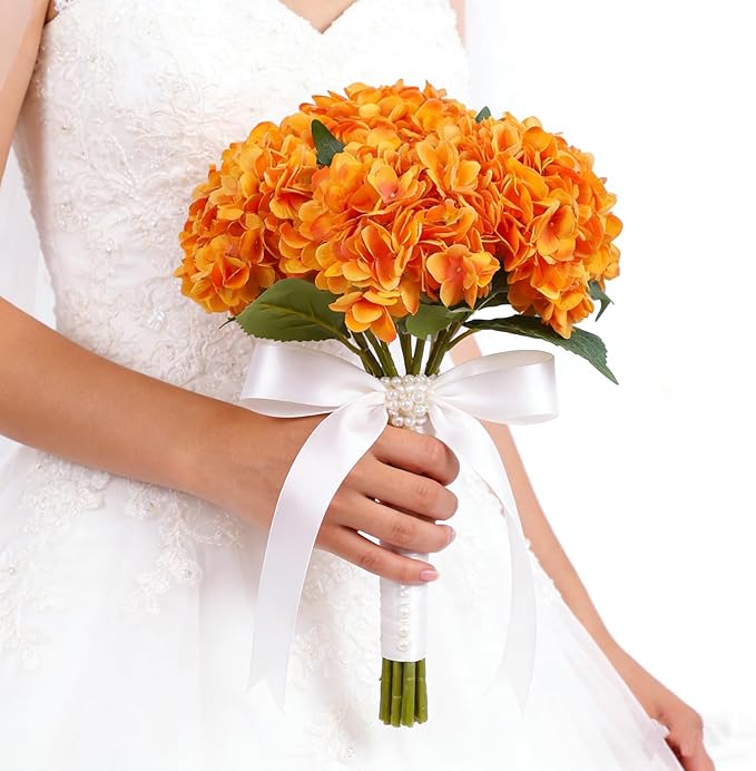 Kimura's Cabin 6pcs Artificial Silk Hydrangea Flowers with Stems Fake Hydrangea Bouquet for Home Table Centerpieces Wedding Party Halloween Decoration (Orange Yellow)