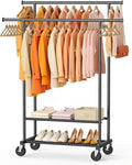 Double Rods Clothes Rack, Rolling Clothing Rack for Hanging Clothes Closet Rack with Wheels, Metal Portable Garment Rack with Double Shelves for Bedroom Laundry Living Room, Black