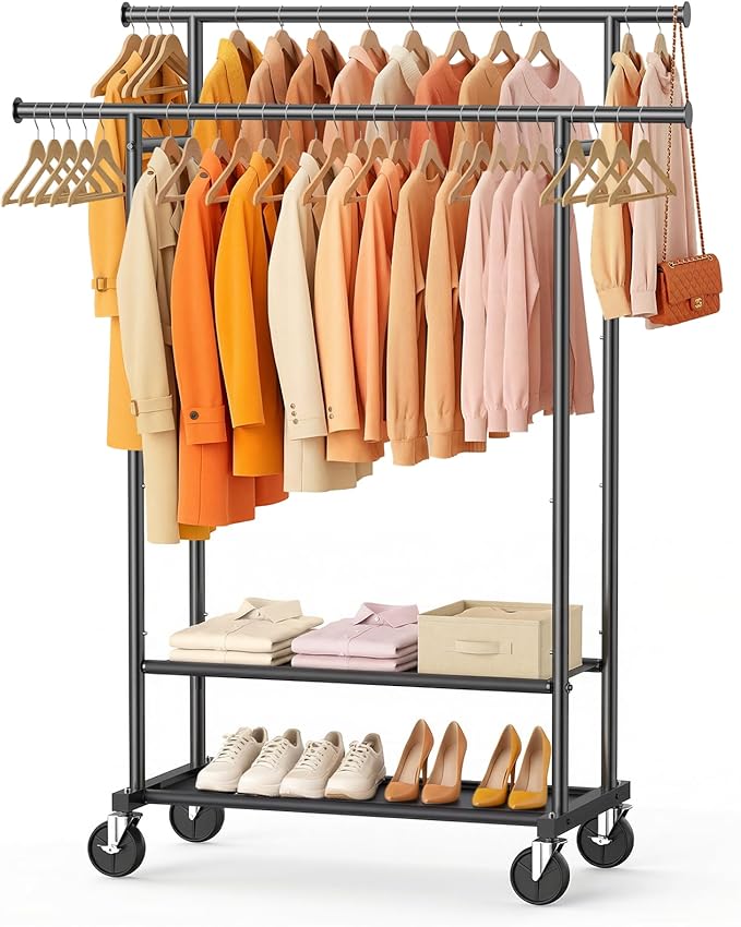 Double Rods Clothes Rack, Rolling Clothing Rack for Hanging Clothes Closet Rack with Wheels, Metal Portable Garment Rack with Double Shelves for Bedroom Laundry Living Room, Black