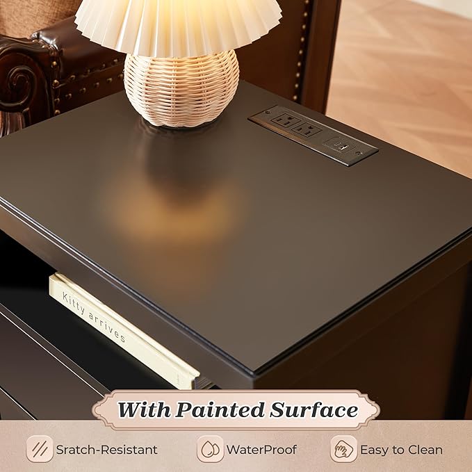 Huuger Black Nightstand Set of 2, Night Stand with Charger Station, Bedside Table with 2 Drawers, Bed Side Tables for Bedroom, Modern Nightstands, Metal Knobs, Painted Surface | with Charger Station, 2 Drawers, Bed Side Tables, for Bedroom, Metal Knobs...