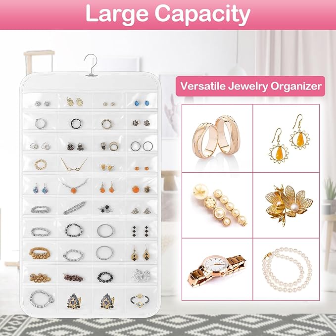 Hanging Jewelry Organizer for Closet with Swiveling Hanger, 17 x 30 In, 80 Clear Pockets Jewelry Organizer Hanging for Jewelries, Earrings, Accessories (Beige) (2, White)