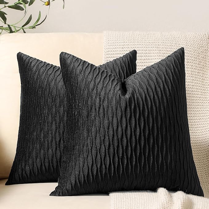 Black Striped Decorative Pillow Covers: 2 Pack 22x22 Inch Original Velvet Square Throw Pillow Cases for Farmhouse Couch